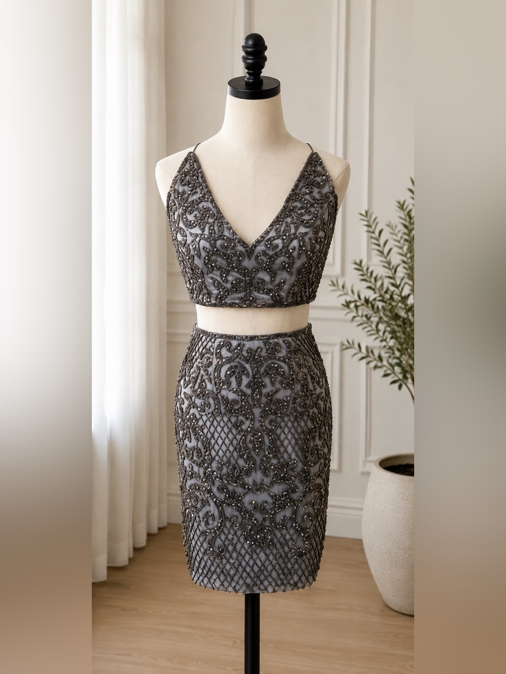 Silver & Gunmetal Beaded Two-Piece Formal Dress, NWT, Size 6, HOCO, Homecoming